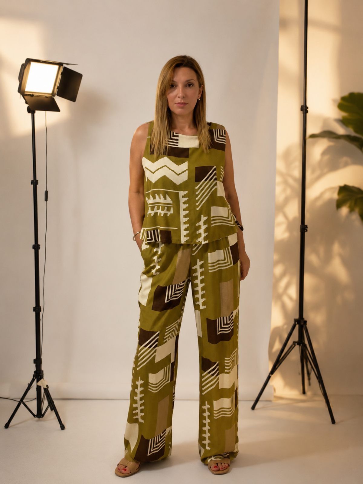 Completo donna in viscosa con stampa geometrica