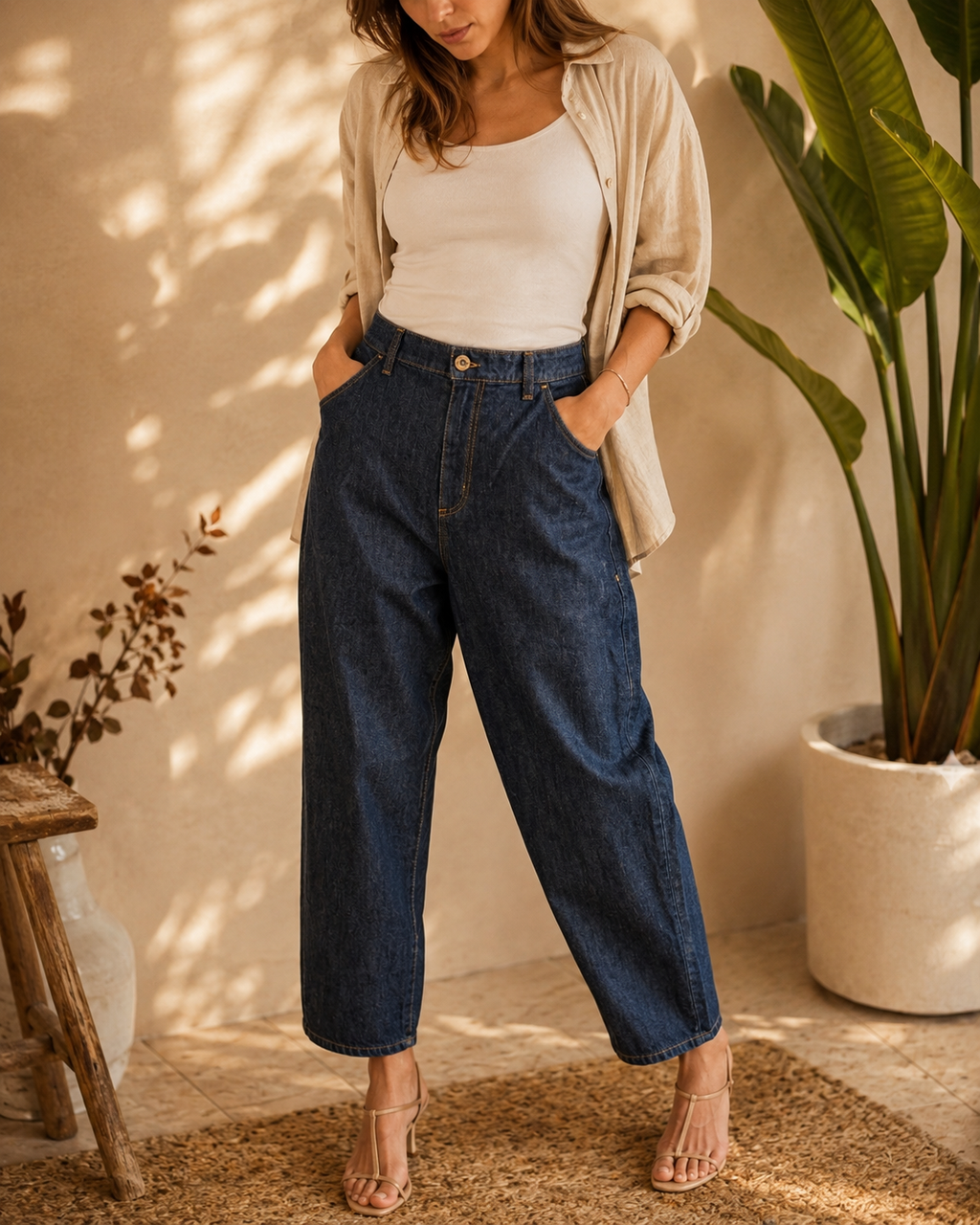 Pantaloni donna effetto jeans con elastico in vita