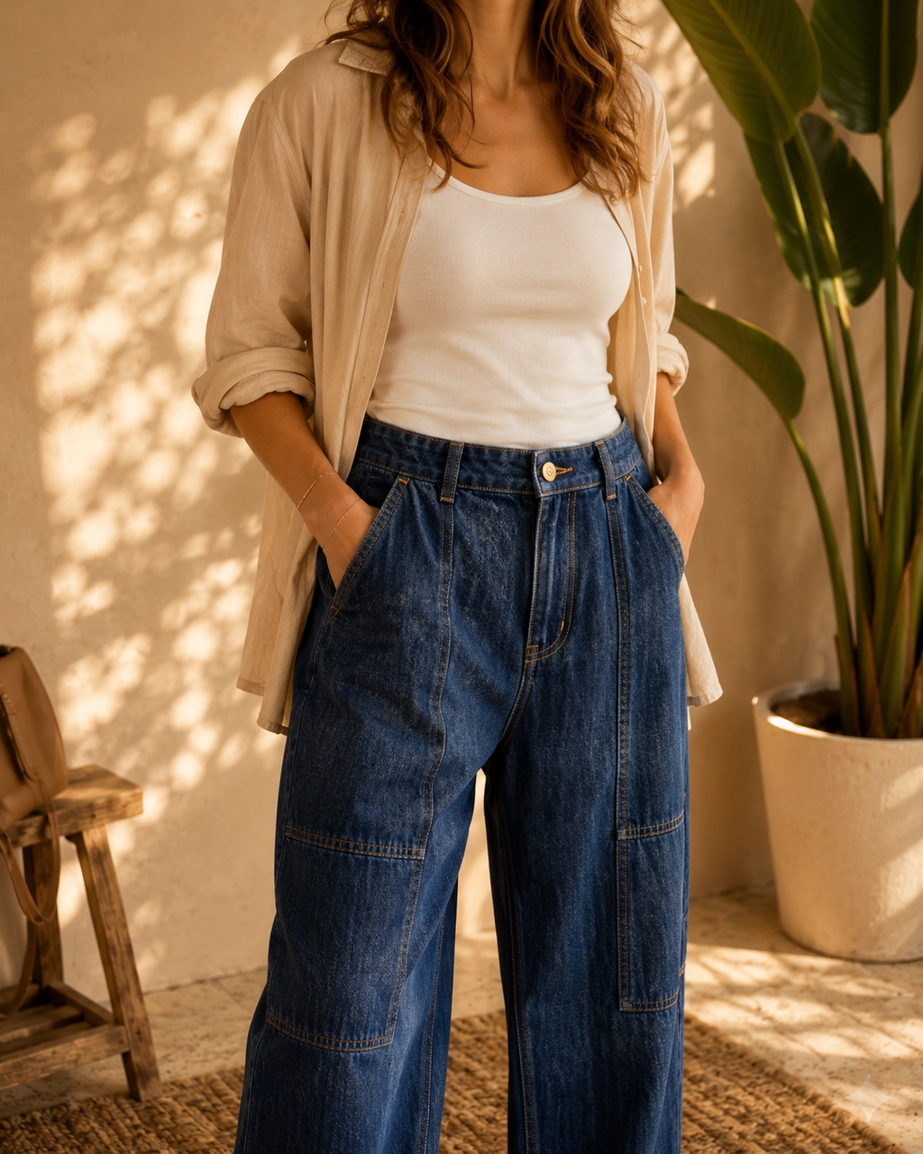 Pantaloni jeans donna gamba larga con tasconi