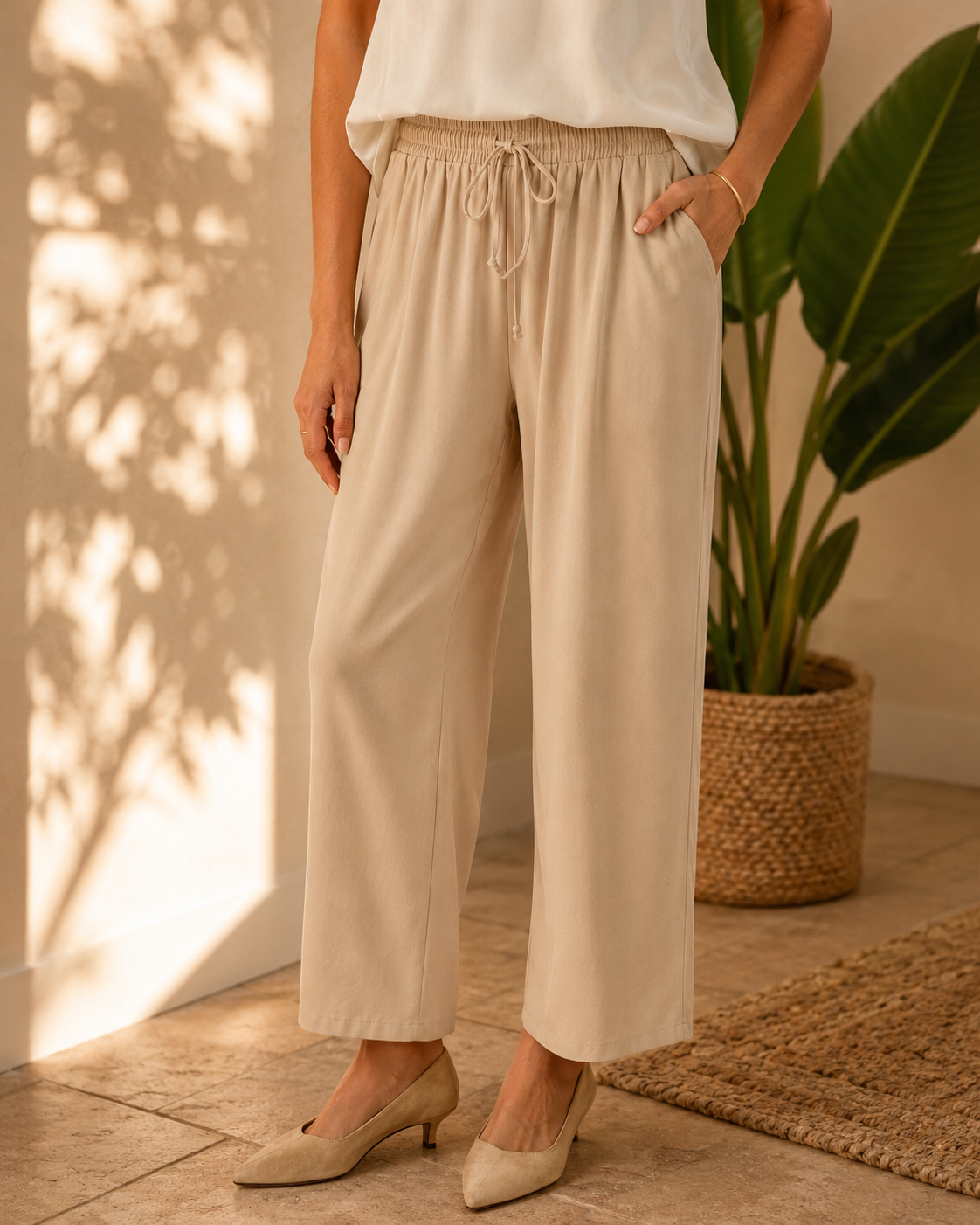 Pantalone donna cotone lino con elastico in vita
